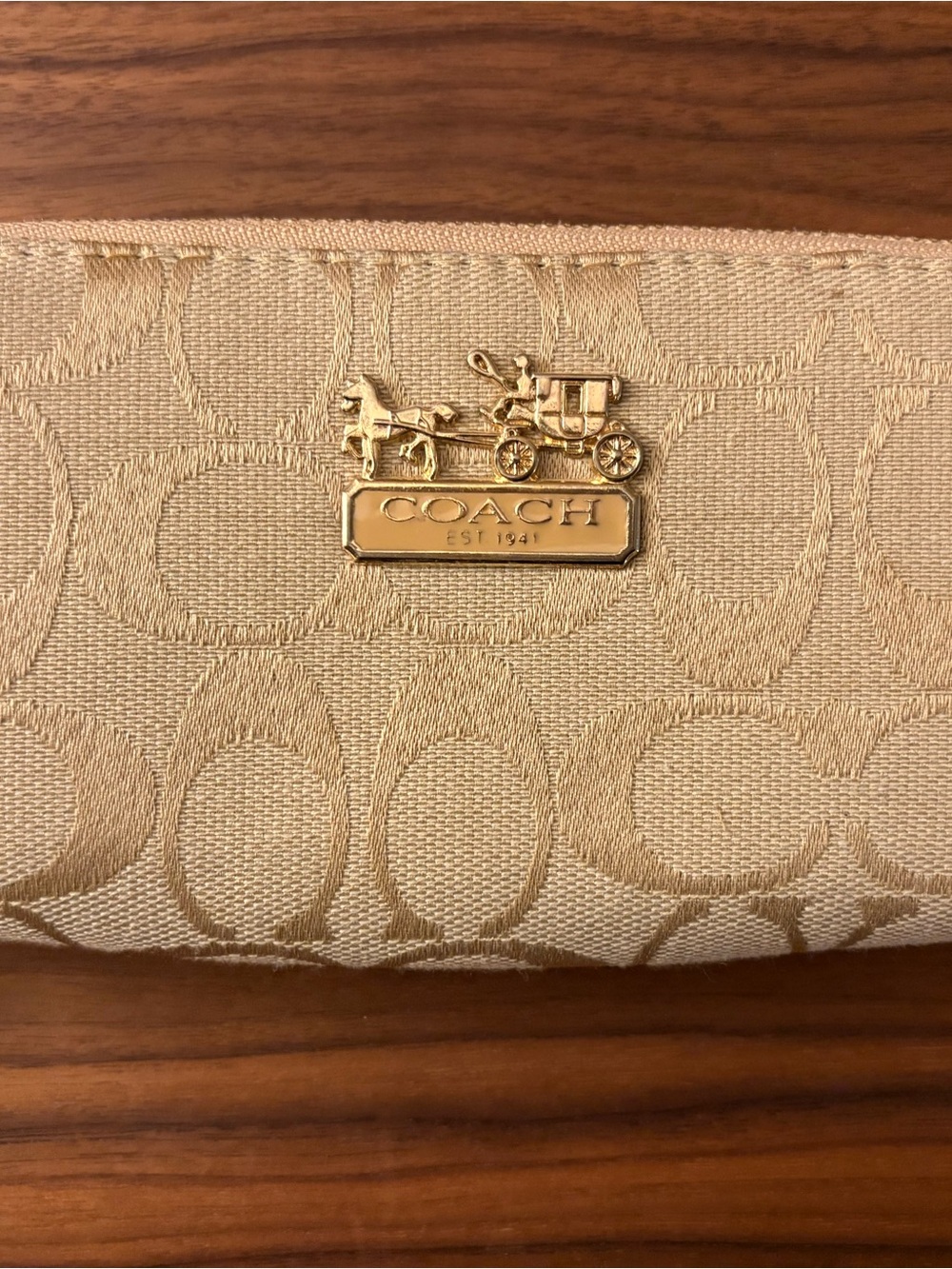 Coach Long Double Zip Around Accordion Wallet in Signature Canvas Tan Gold